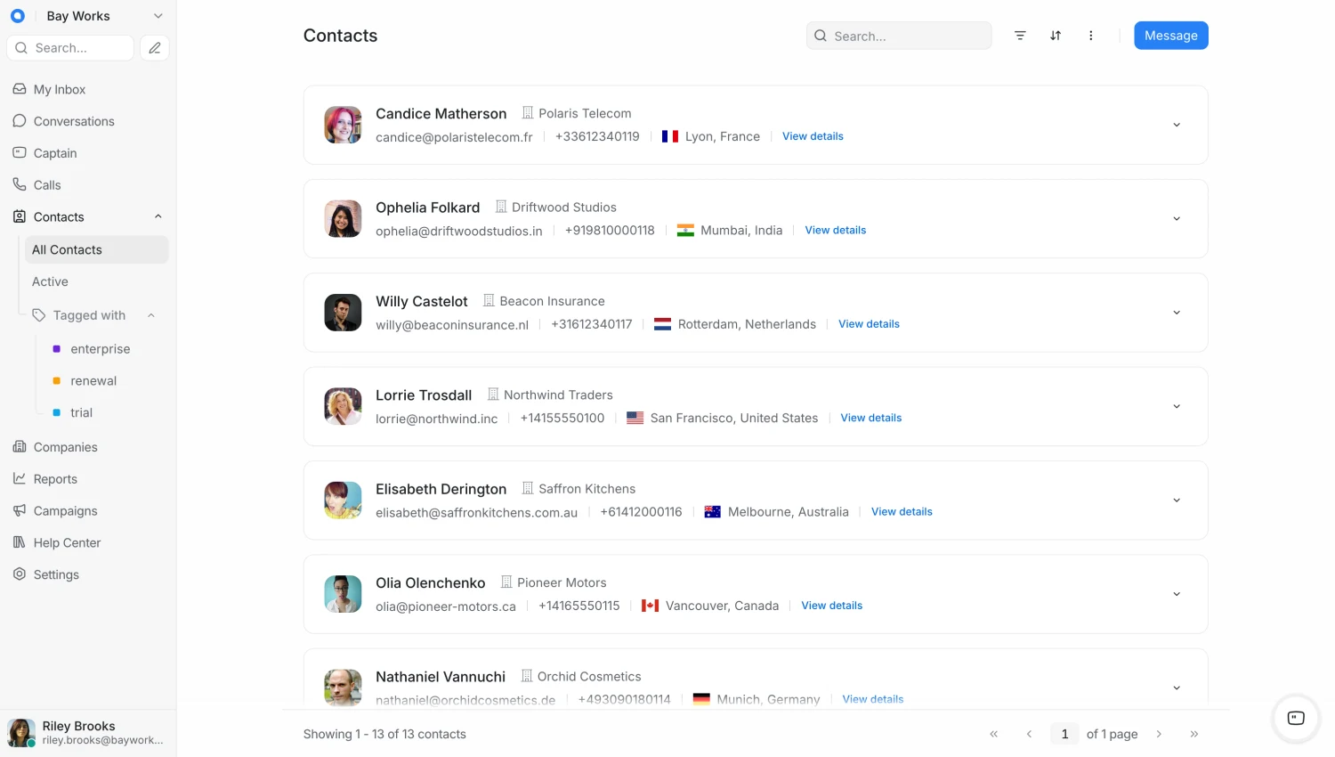 Chatwoot contacts list showing each contact's name, company, email, phone number and location, with contact labels in the sidebar.